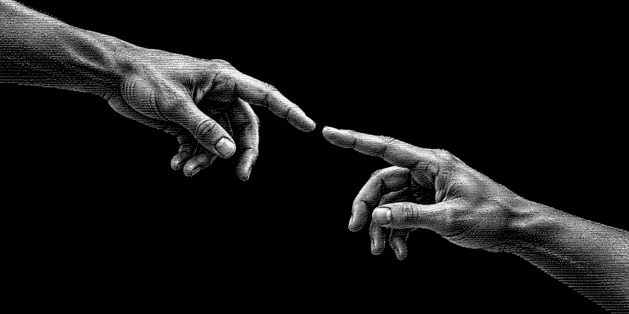 Two hands reaching toward one another, rendered in black and white bitmap texture